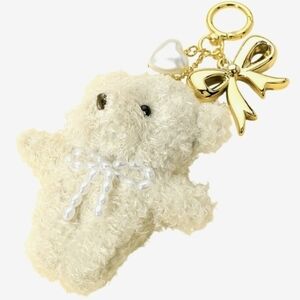 Pearl heart bow charm teddy bear plush doll keychain